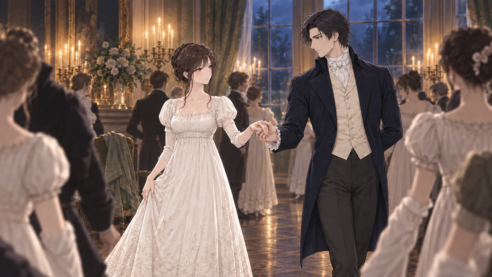 Elizabeth Bennet and Mr. Darcy dancing in a candlelit ballroom